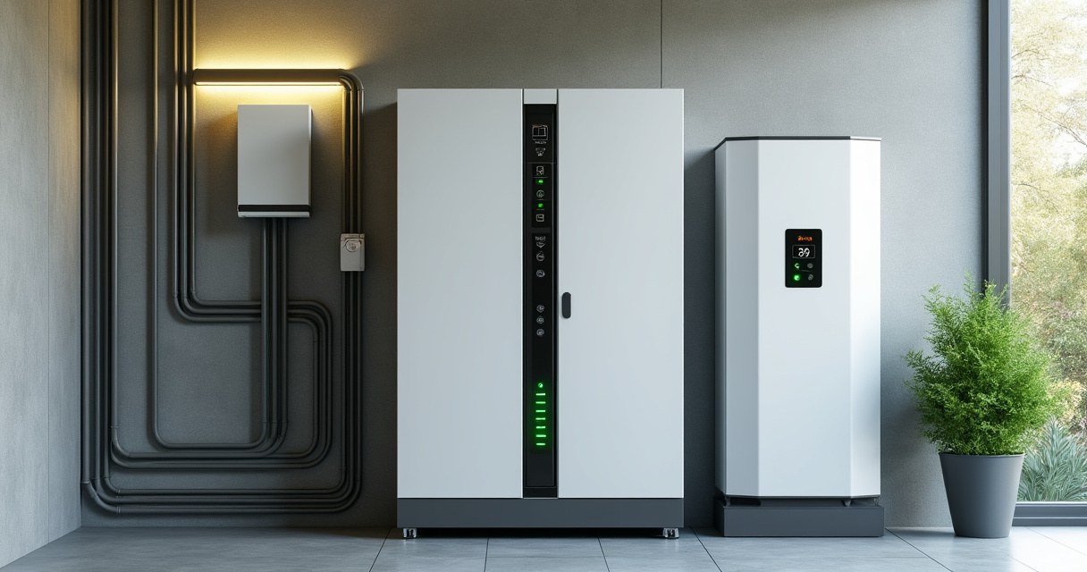 Stationärer Hausspeicher mit Batteriemodulen im Technikraum